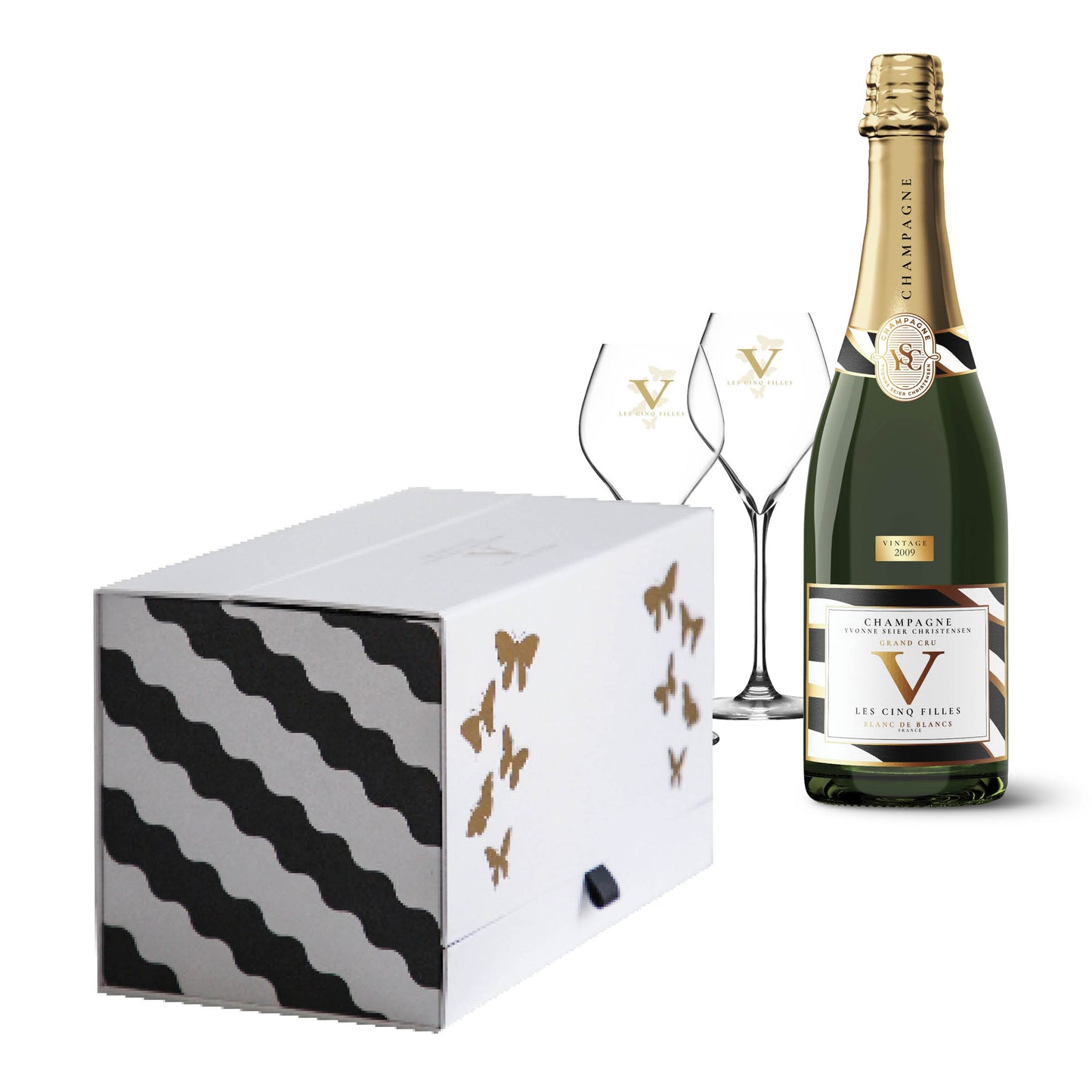 
                  
                    Les Cinq Filles | Blanc de Blancs | Grand Cru | Extra Brut | Vintage 2009 gift box with glasses
                  
                